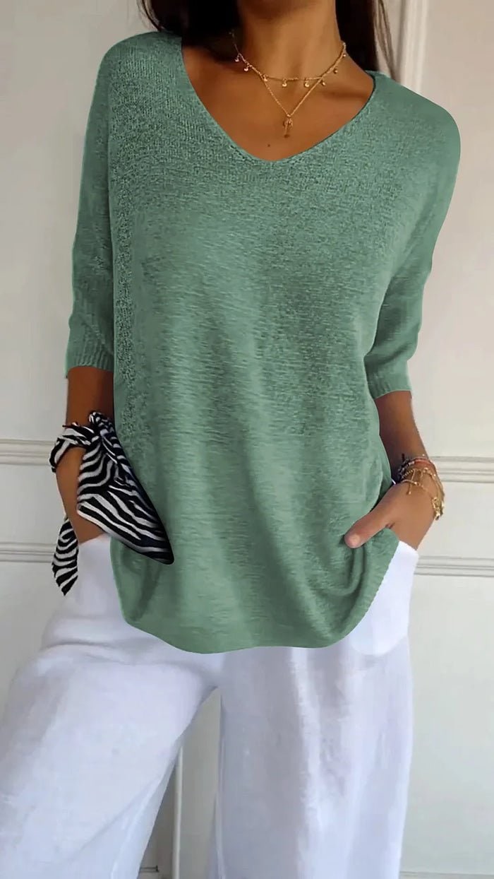Women's sage green V-neck knit sweater