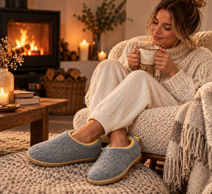 Grey slippers worn by the fireplace