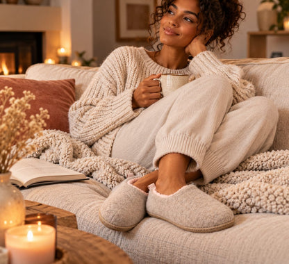 Beige slippers worn on the sofa