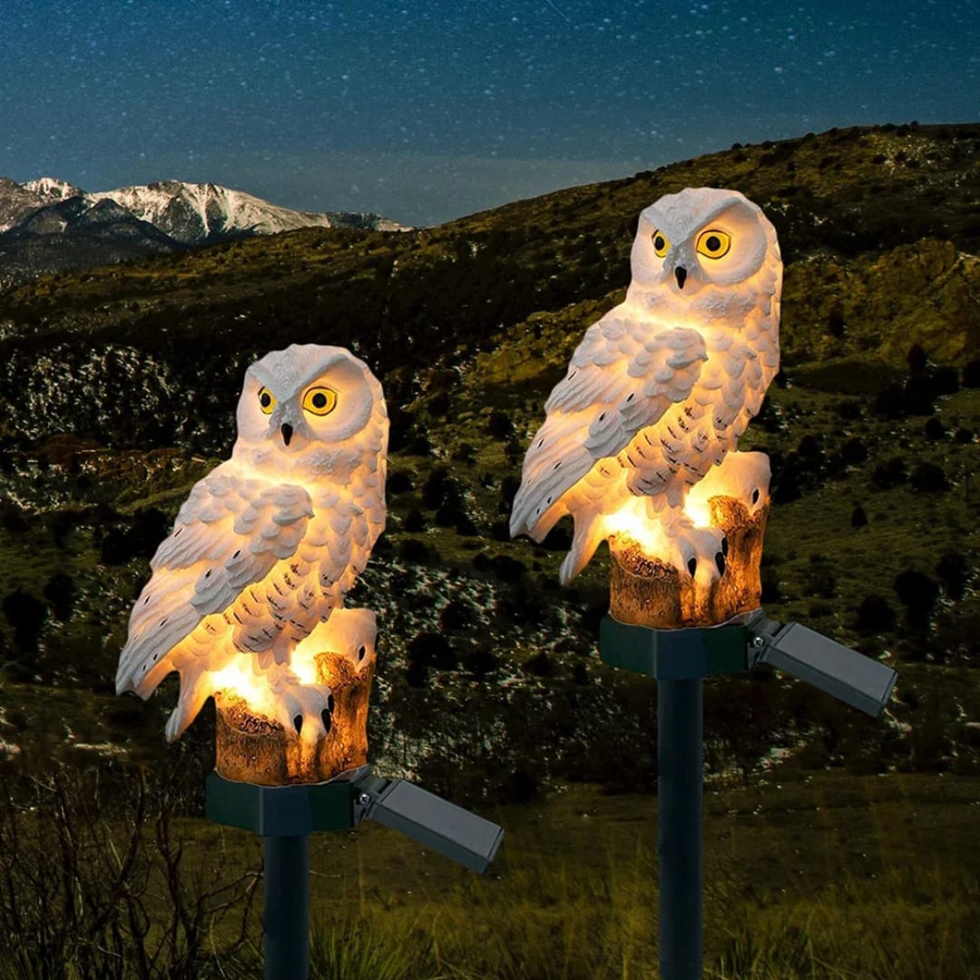 Two owl garden lights glowing on a hillside at night