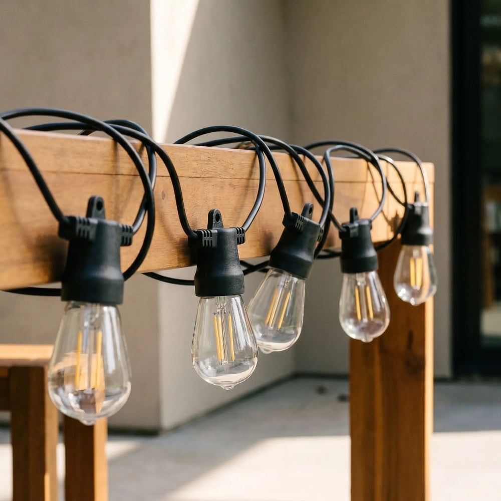 Edison bulb string lights hanging along a wooden pergola beam
