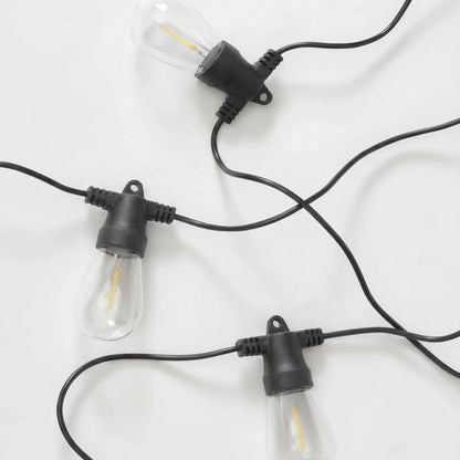 Black cable with sockets and clear Edison bulbs laid on a white surface