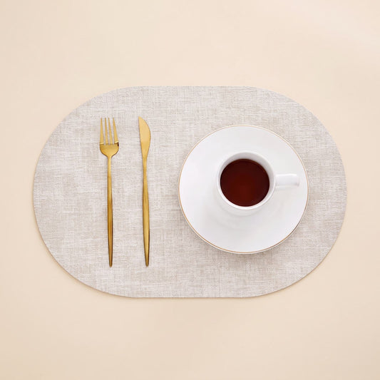 Placemats Set, Oval Linen Texture Faux Leather, Wipe Clean 1