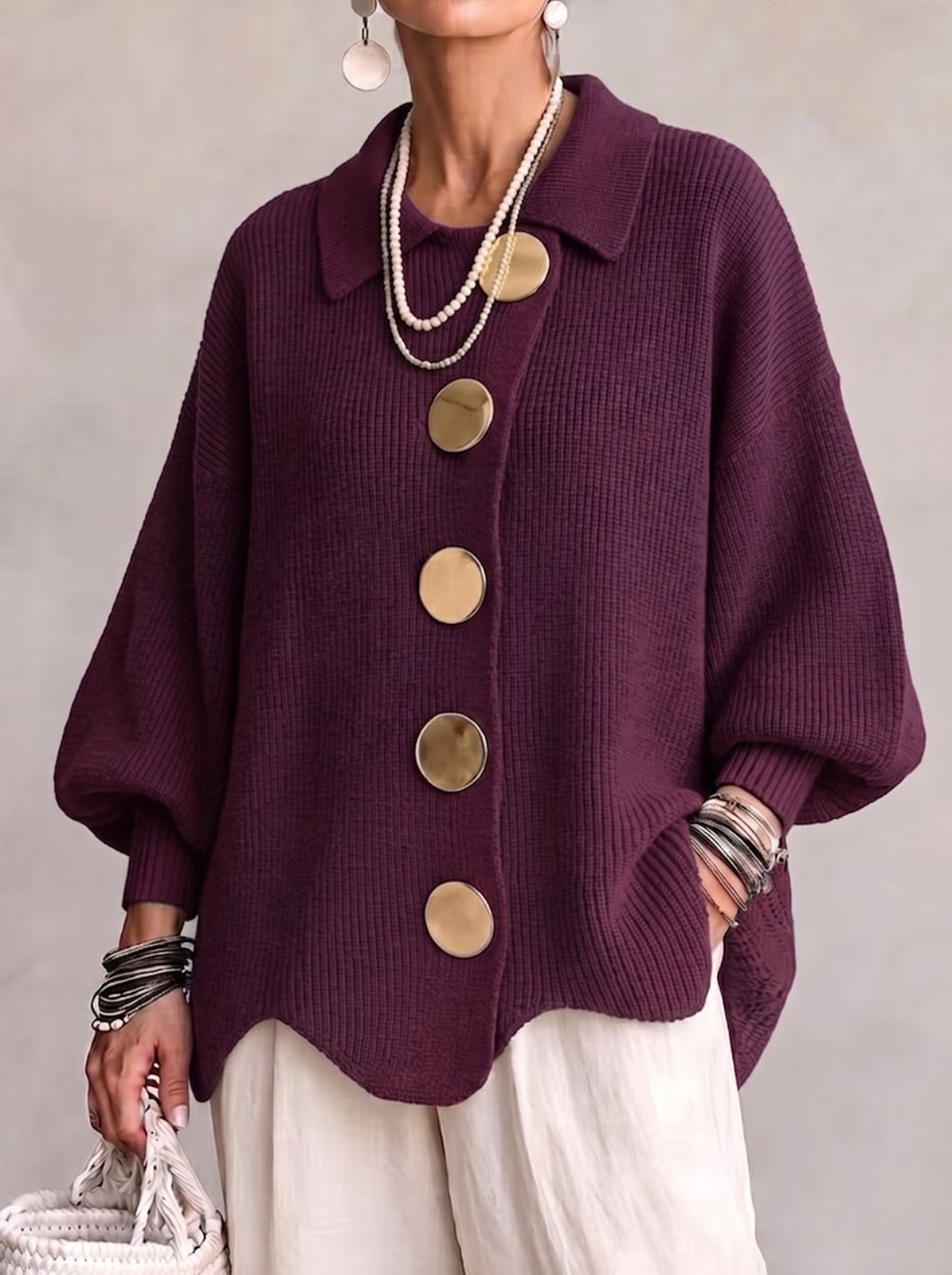 Burgundy oversized cardigan with gold buttons