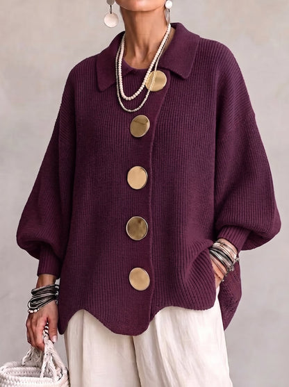 Burgundy oversized cardigan with gold buttons