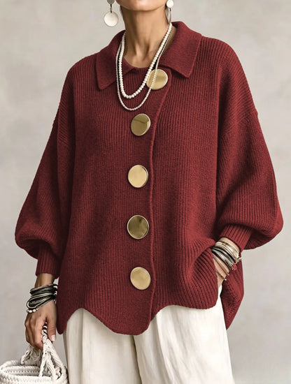 Red oversized cardigan with gold buttons