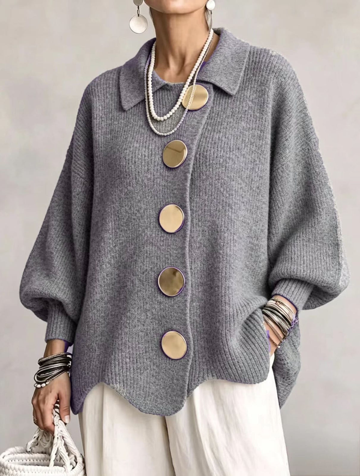 Grey oversized cardigan with gold buttons