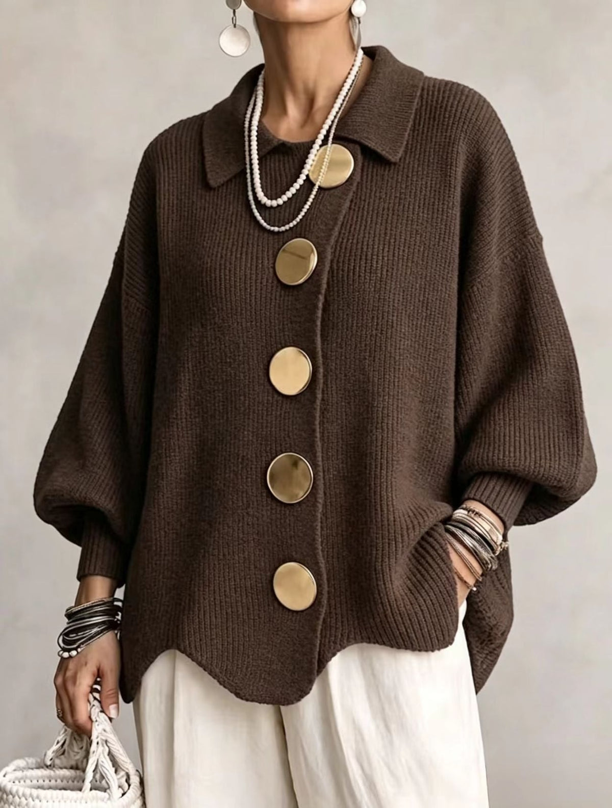 Brown oversized cardigan with gold buttons
