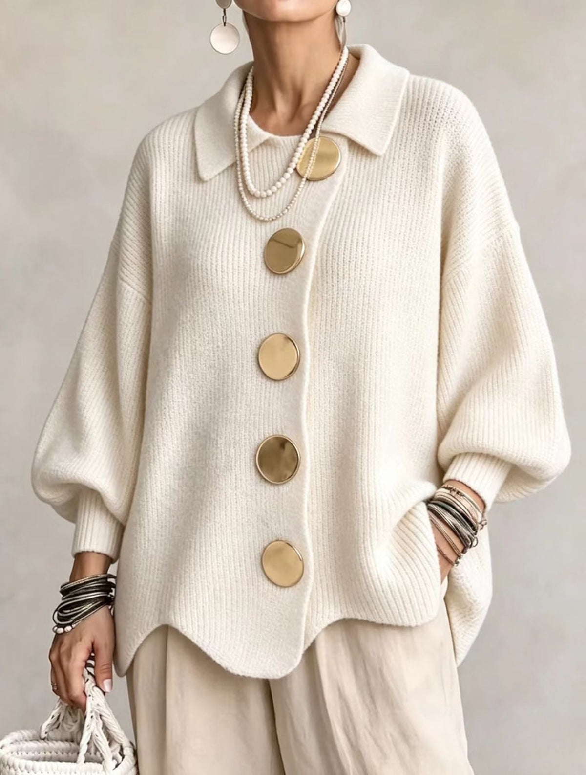 White oversized cardigan with gold buttons