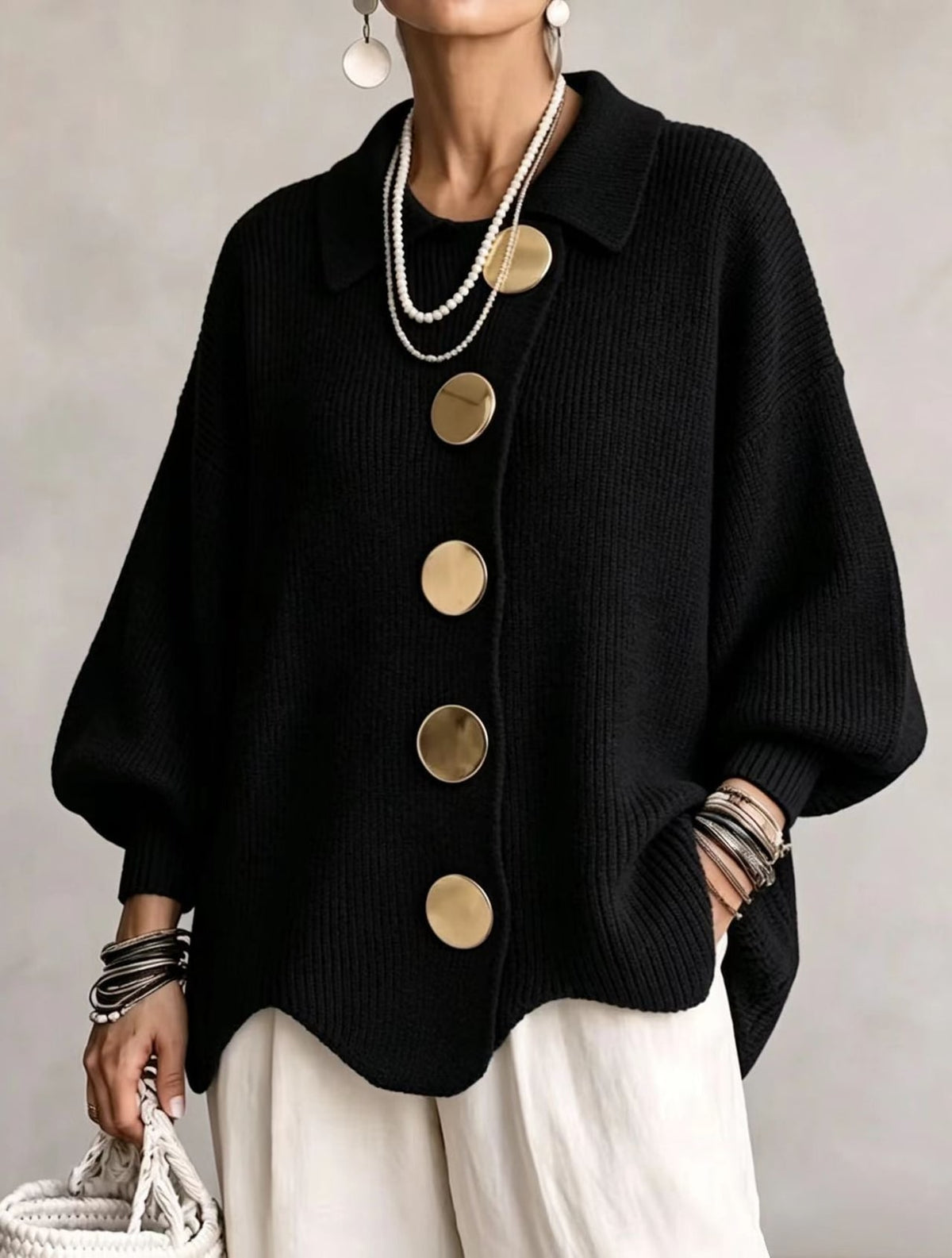 Black oversized cardigan with gold buttons