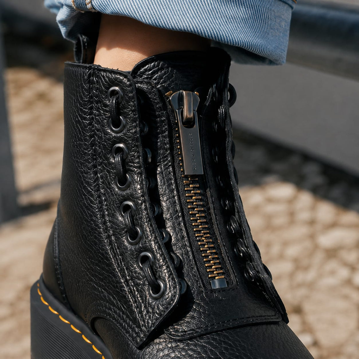Close-up of the front zip and eyelets