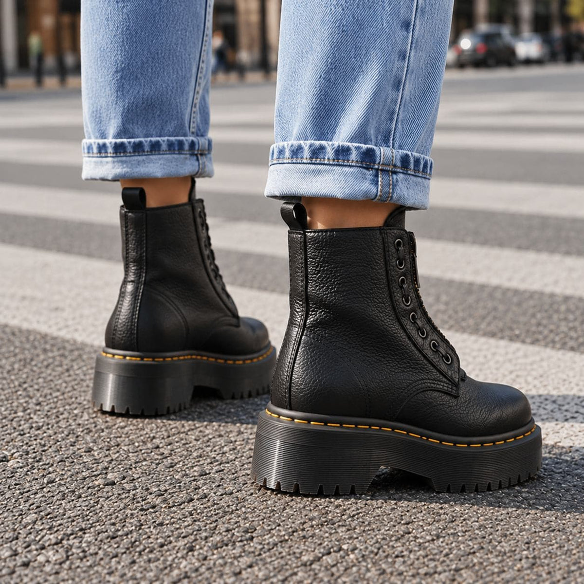 Black platform boots, back view