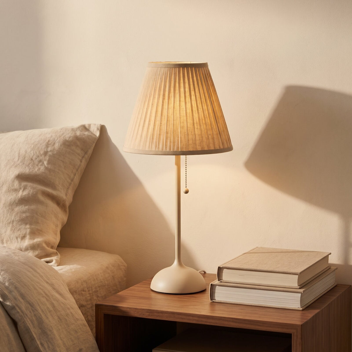 Pleated fabric table lamp lit on a walnut bedside table