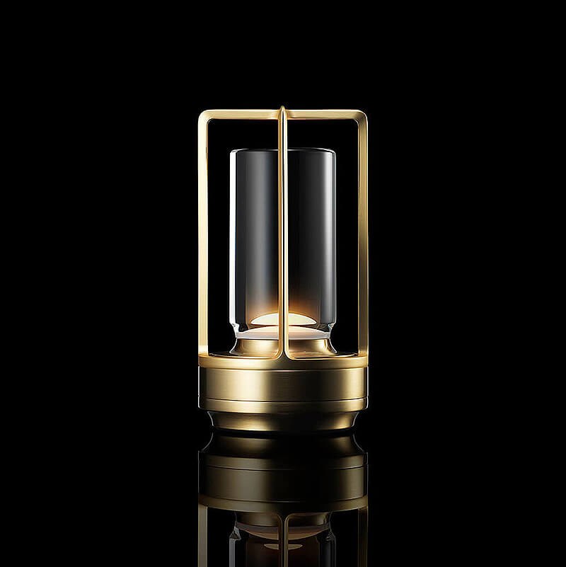 Gold cordless lantern table lamp glowing in the dark