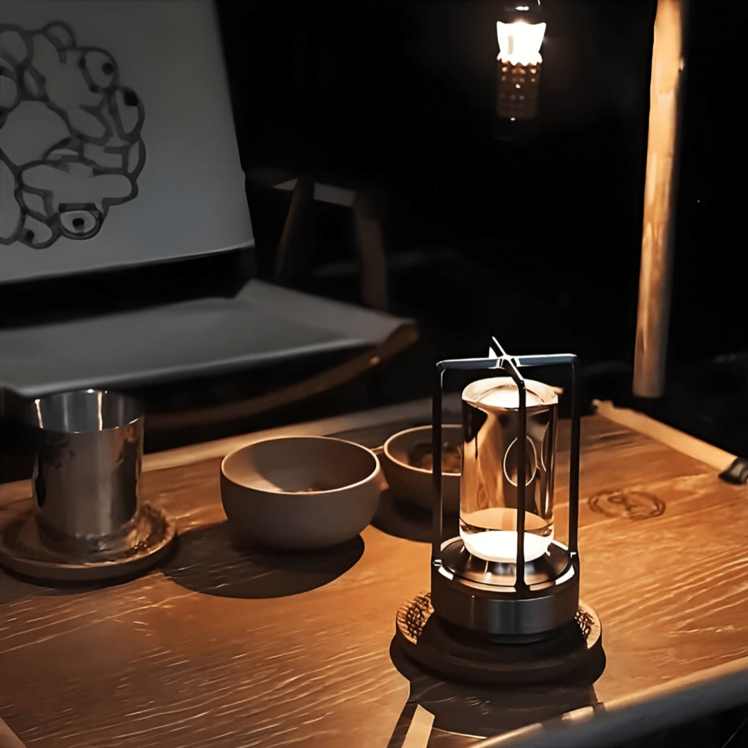 Black lantern table lamp on a wooden table in the evening