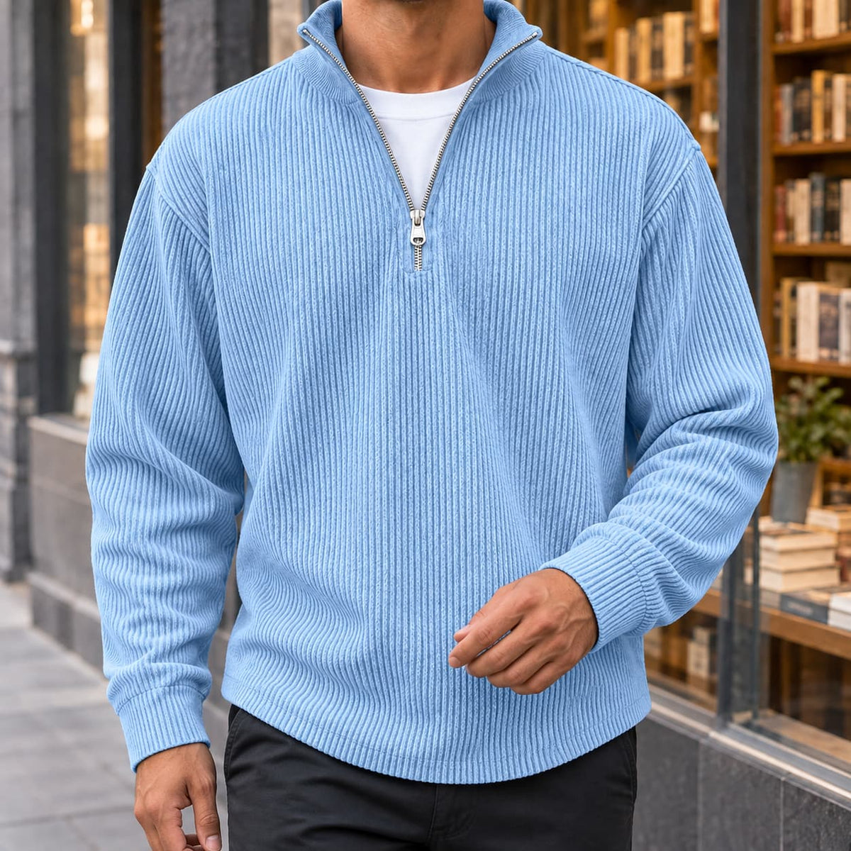 Men's sky blue ribbed quarter zip sweater