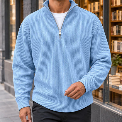 Men's sky blue ribbed quarter zip sweater