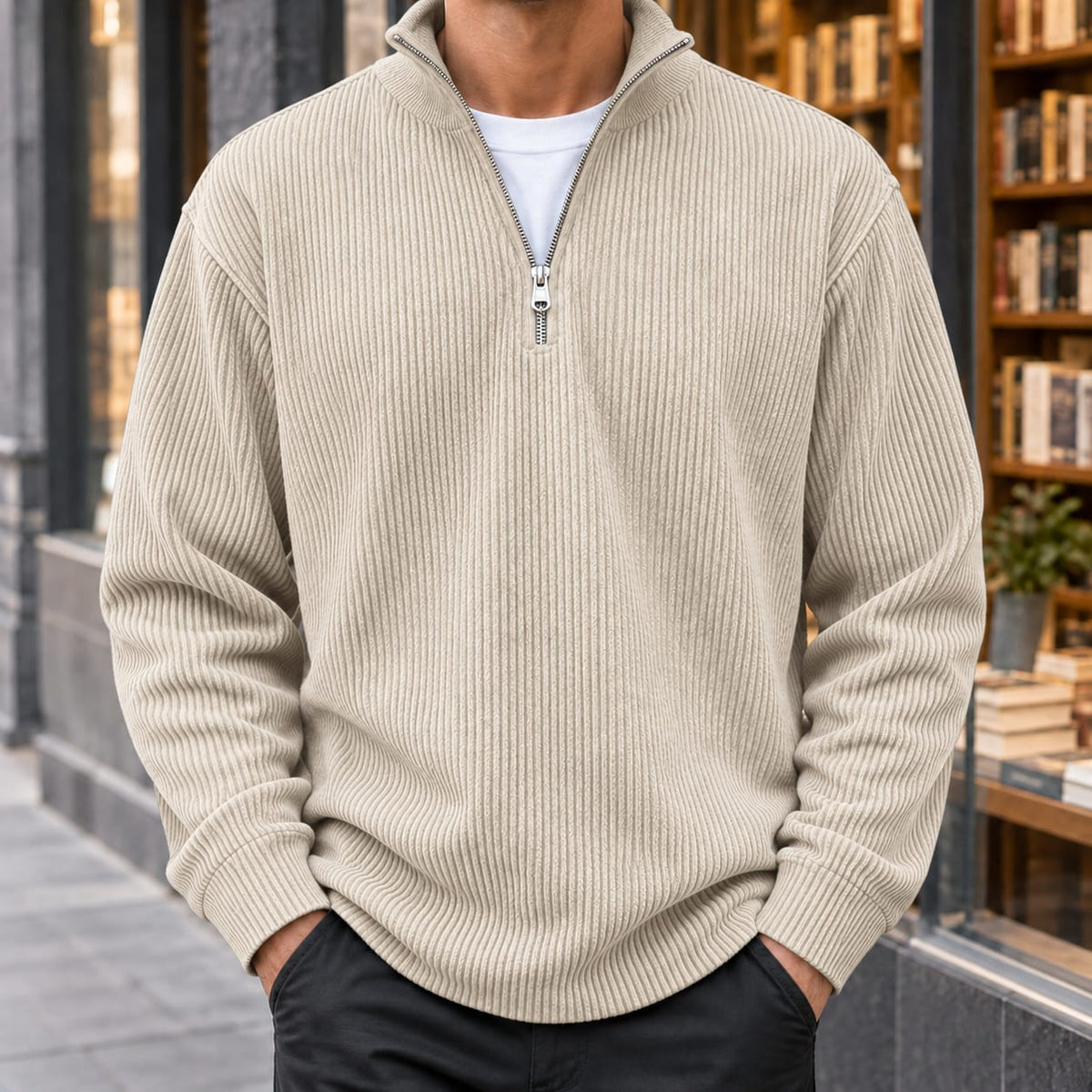 Men's khaki ribbed quarter zip sweater