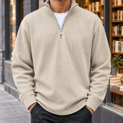 Men's khaki ribbed quarter zip sweater
