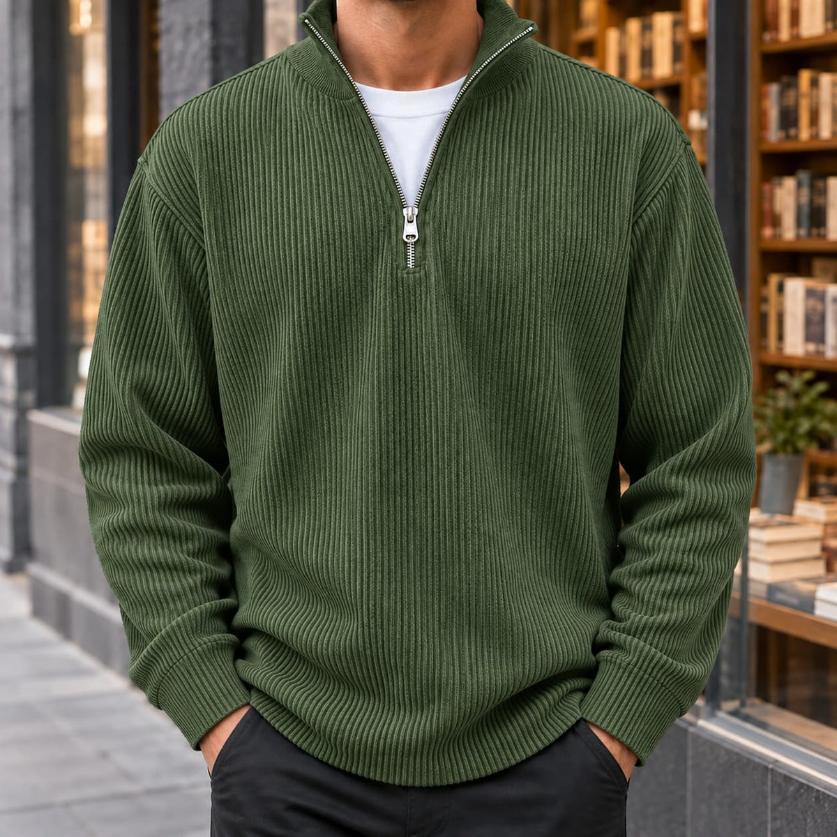 Men's army green ribbed quarter zip sweater