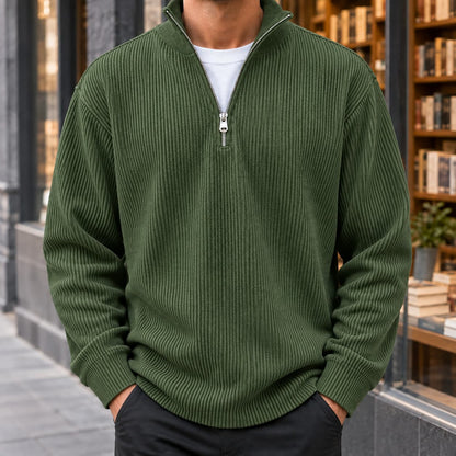 Men's army green ribbed quarter zip sweater