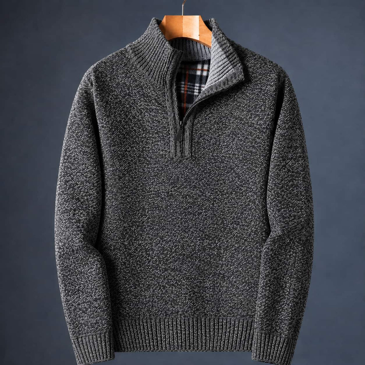 Dark grey knit quarter zip sweater for men