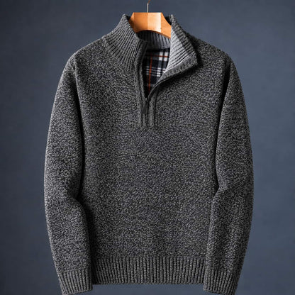 Dark grey knit quarter zip sweater for men