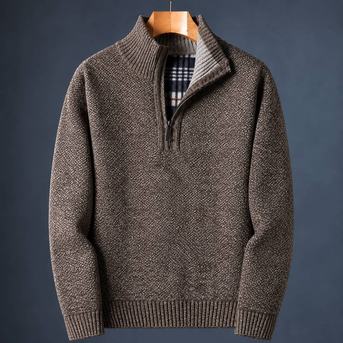 Brown knit quarter zip sweater for men