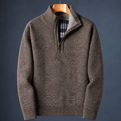 Brown knit quarter zip sweater for men