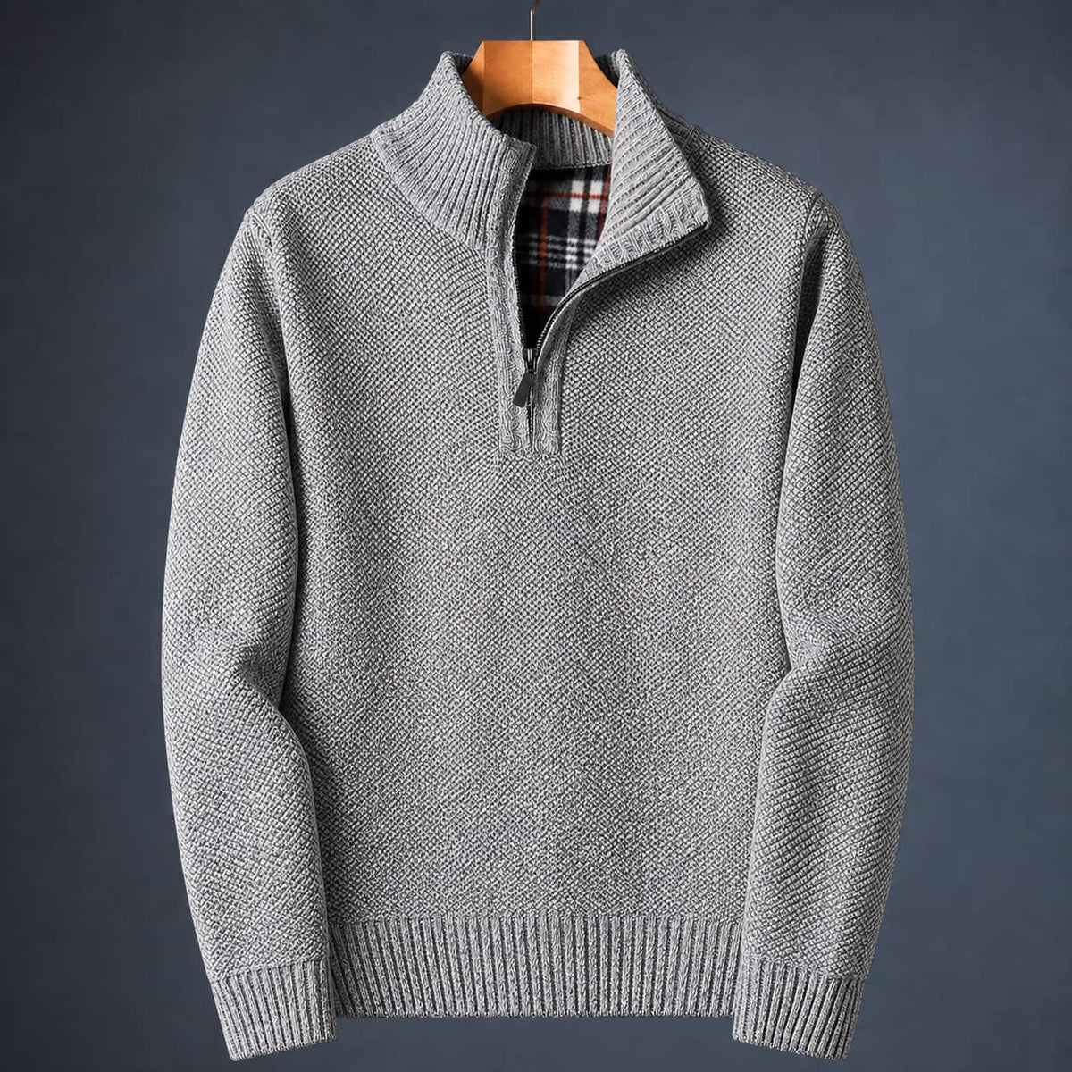 Light grey knit quarter zip sweater for men