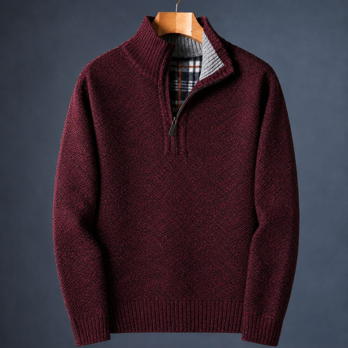 Burgundy knit quarter zip sweater for men