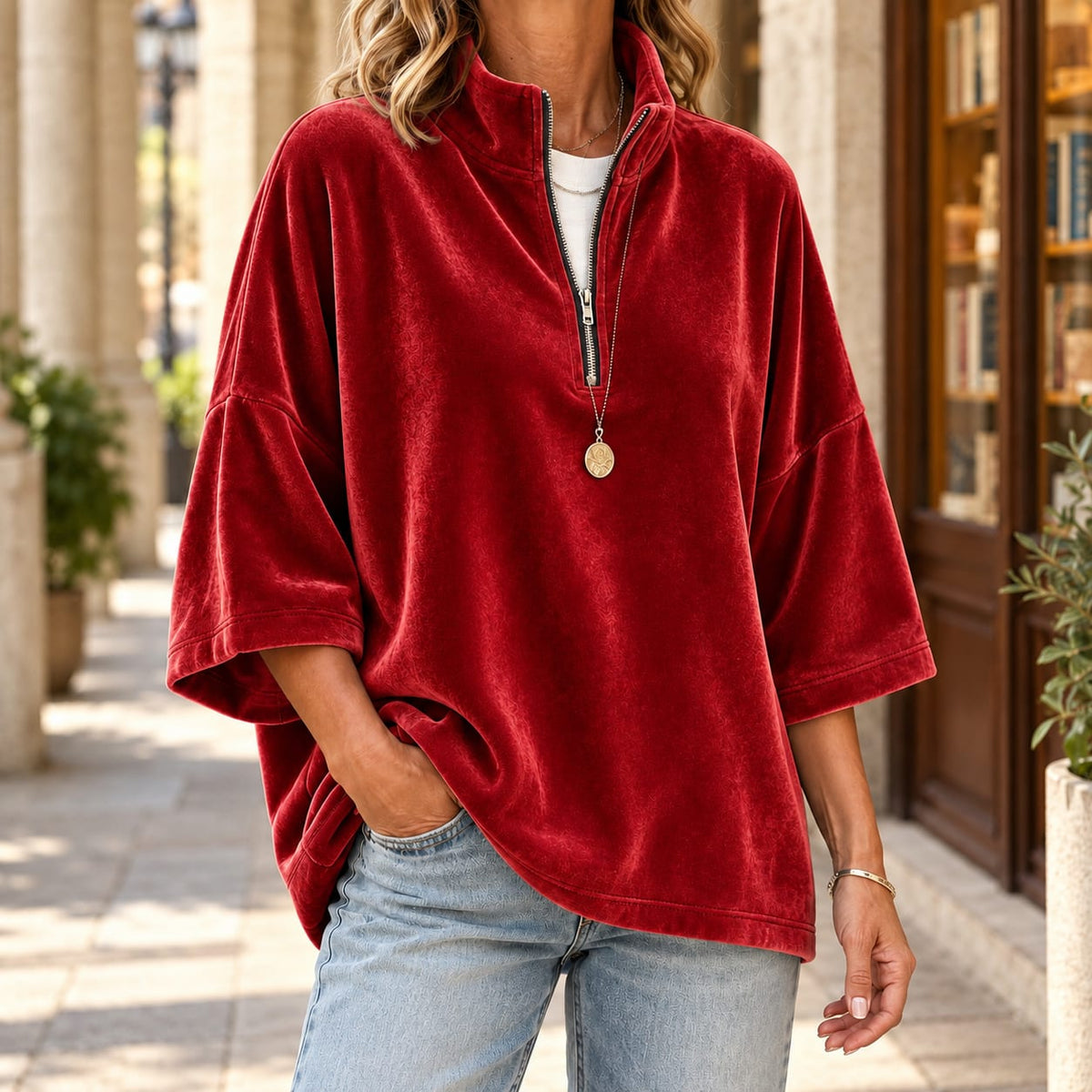 Women's red quarter zip sweater with a velvety finish
