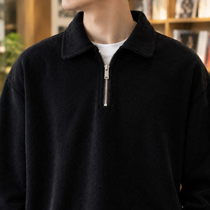 Close-up of the polo collar and quarter zip on the black sweater