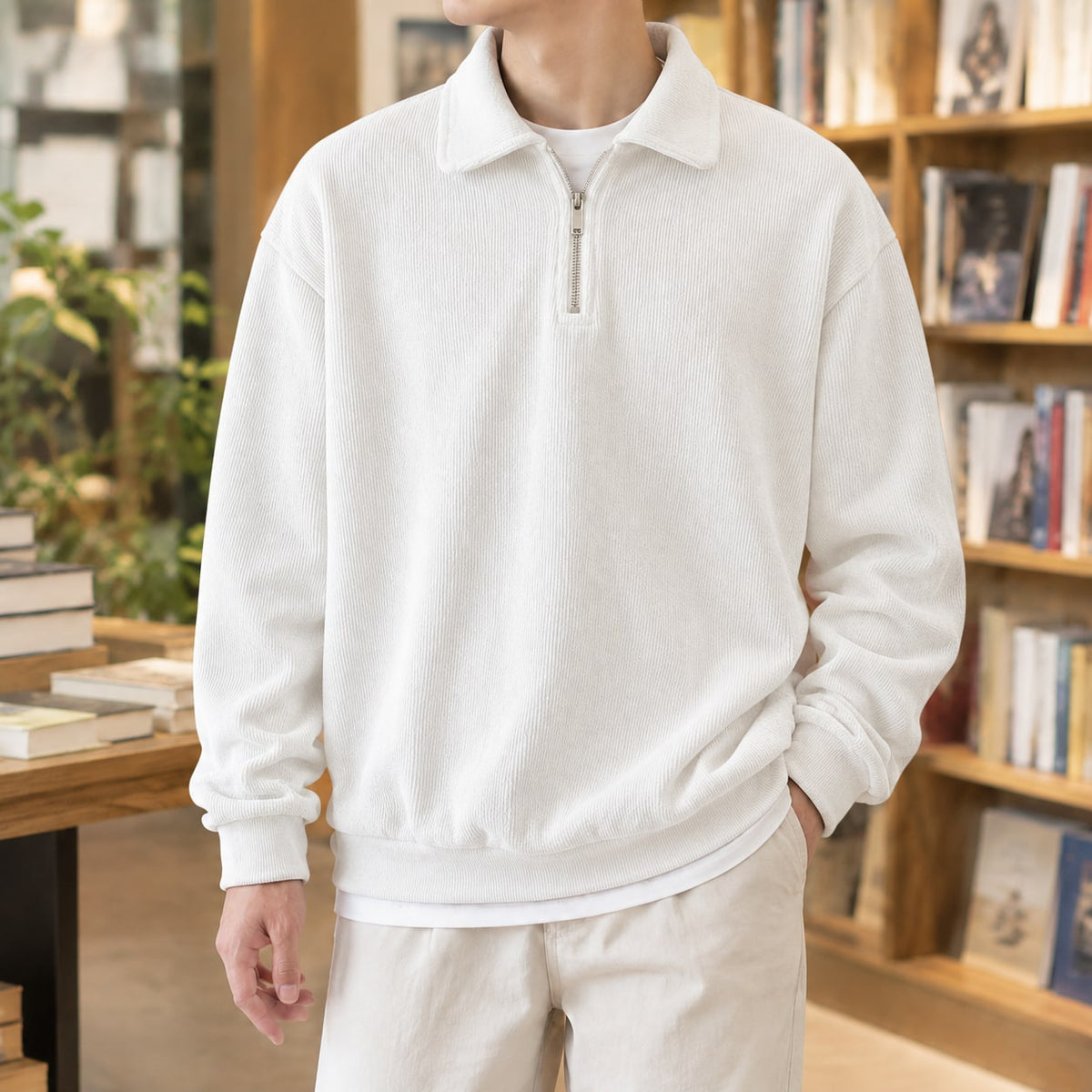Men's white quarter zip sweater with a polo collar