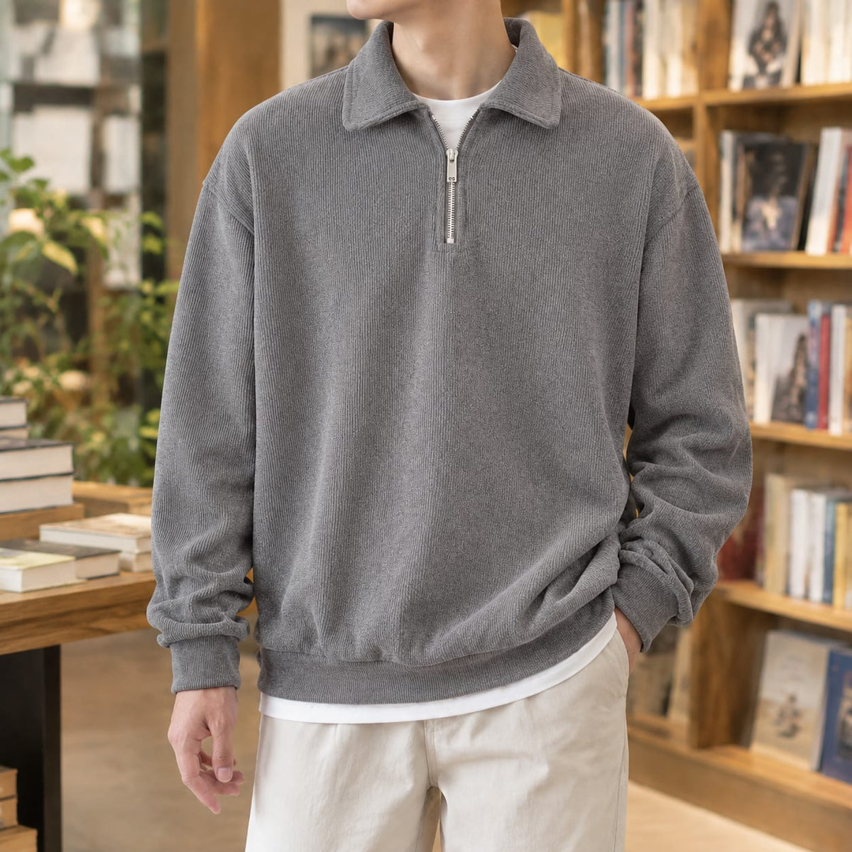 Men's grey quarter zip sweater with a polo collar