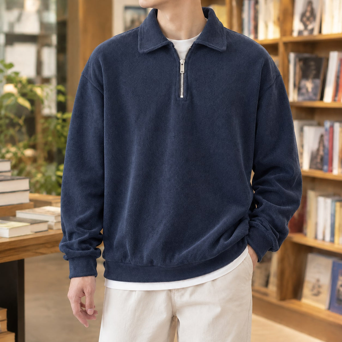 Men's navy quarter zip sweater with a polo collar