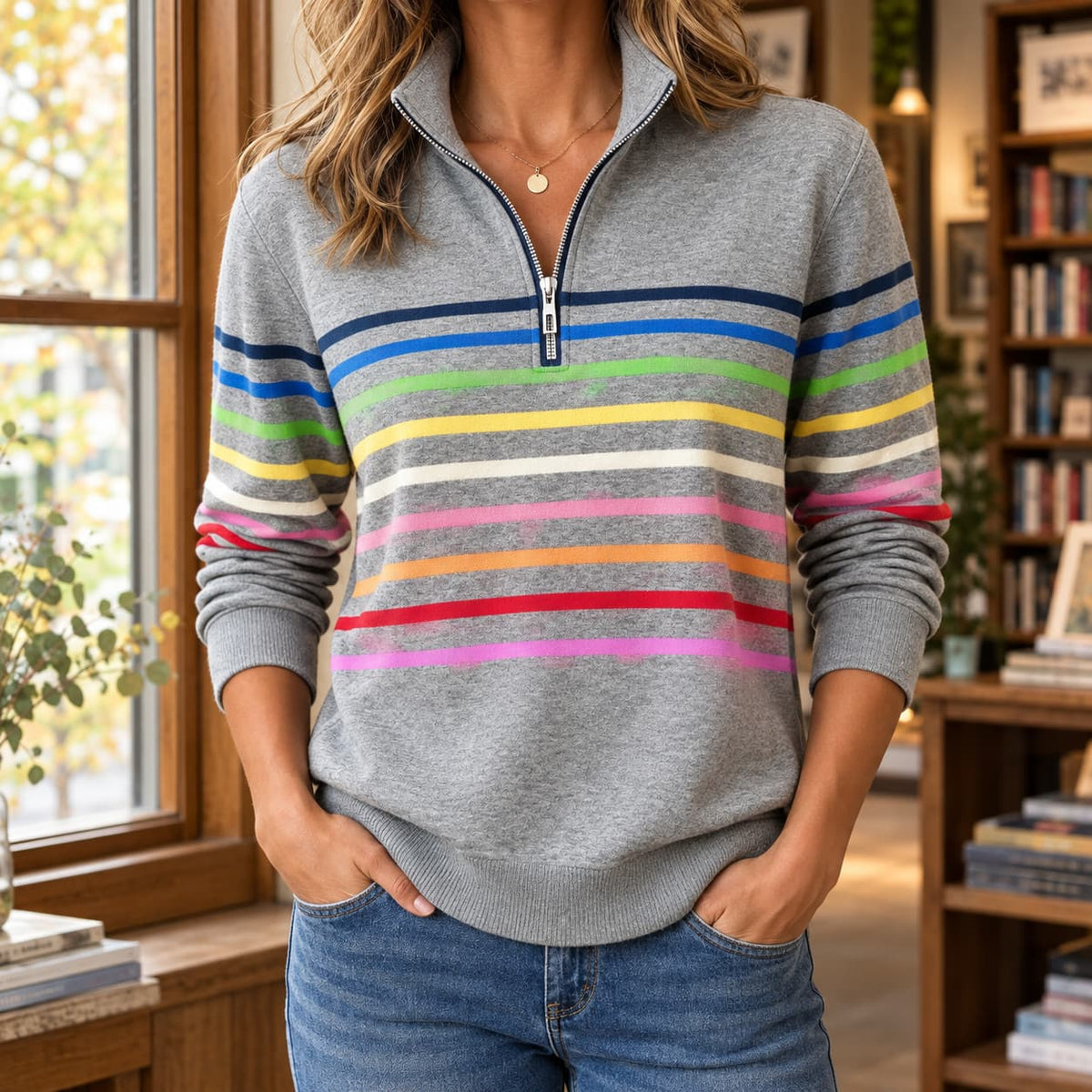 Women's grey quarter zip sweater with multicolour horizontal stripes, worn with jeans