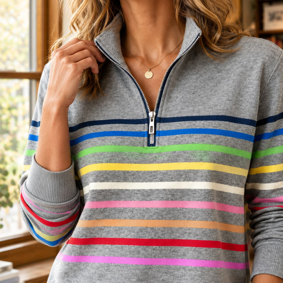 Close-up of the stand collar zip and multicolour stripes