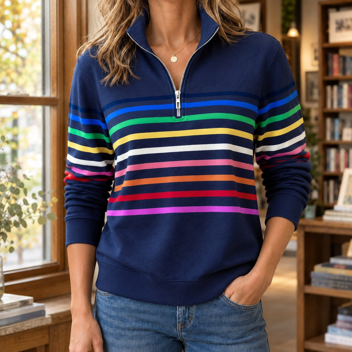 Women's navy quarter zip sweater with multicolour stripes