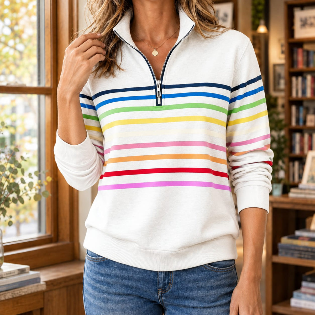 Women's white quarter zip sweater with multicolour stripes