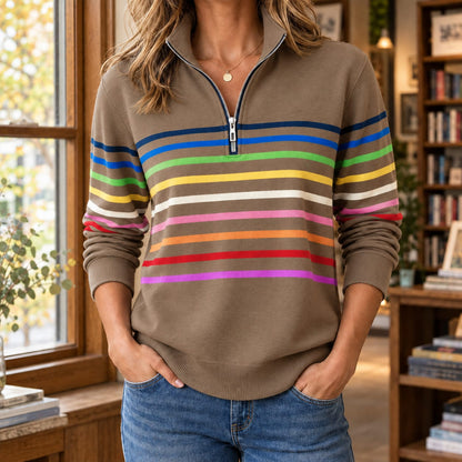 Women's brown quarter zip sweater with multicolour stripes