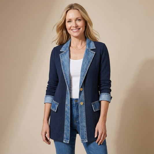 Woman wearing a navy cardigan jacket with denim collar, cuffs and pockets