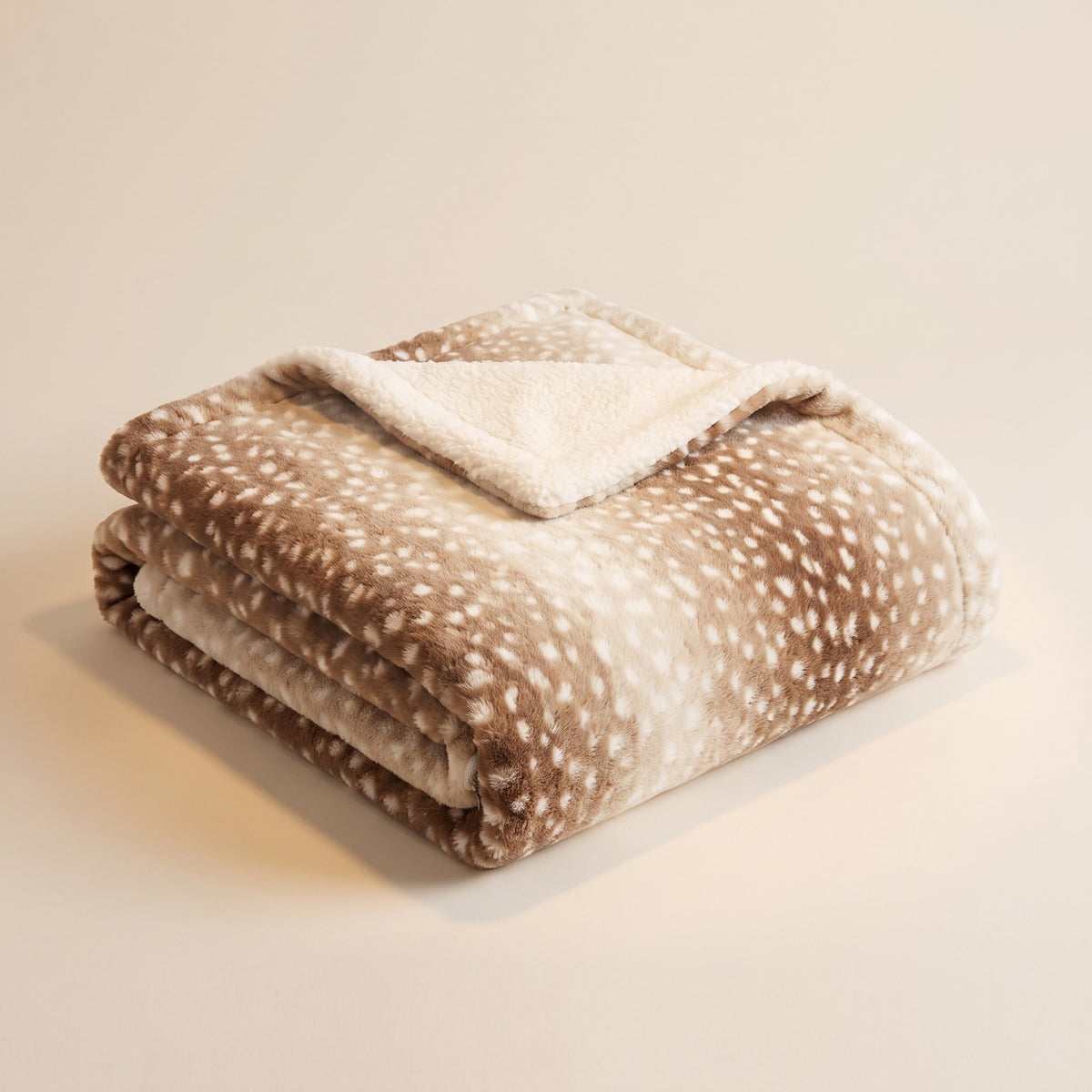 Reversible Deer Print Faux Fur Blanket in beige, folded