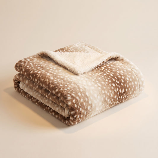 Reversible Deer Print Faux Fur Blanket in beige, folded