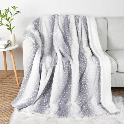 Reversible Deer Print Faux Fur Blanket in gray