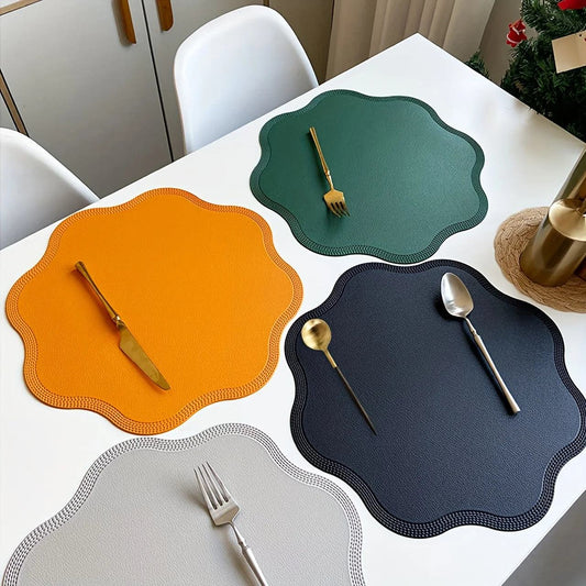 Placemat Set, Round Faux Leather Placemats with Scalloped Flower Edge