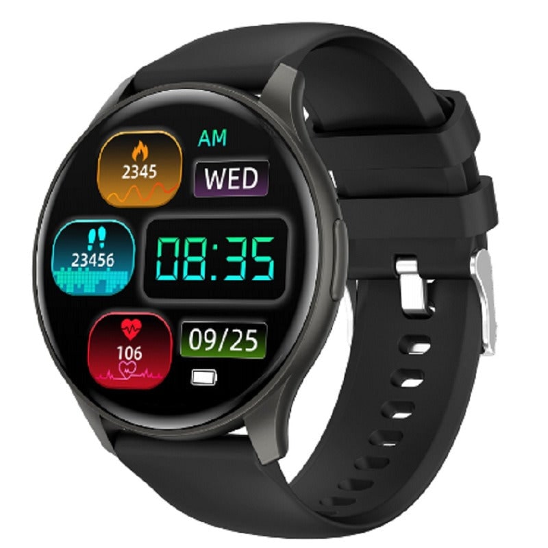 Round smartwatch in black with black silicone strap and digital watch face