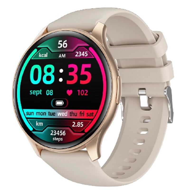 Round smartwatch with champagne gold case and cream silicone strap, colourful watch face