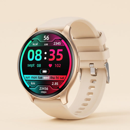 Round smartwatch with gold case and cream silicone strap on a plain background