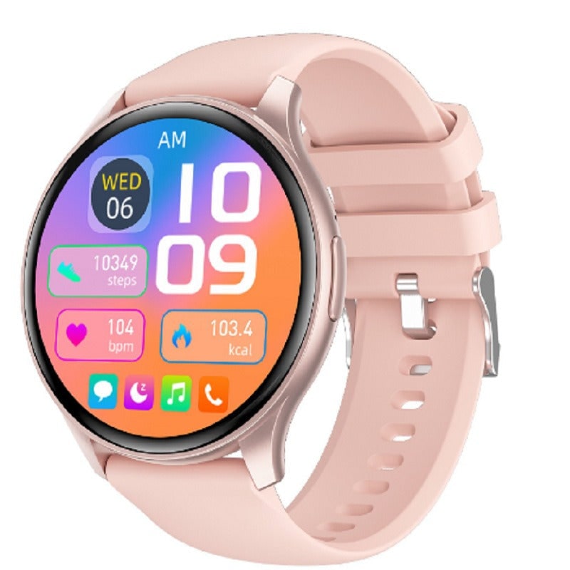 Round smartwatch in soft pink with pink silicone strap